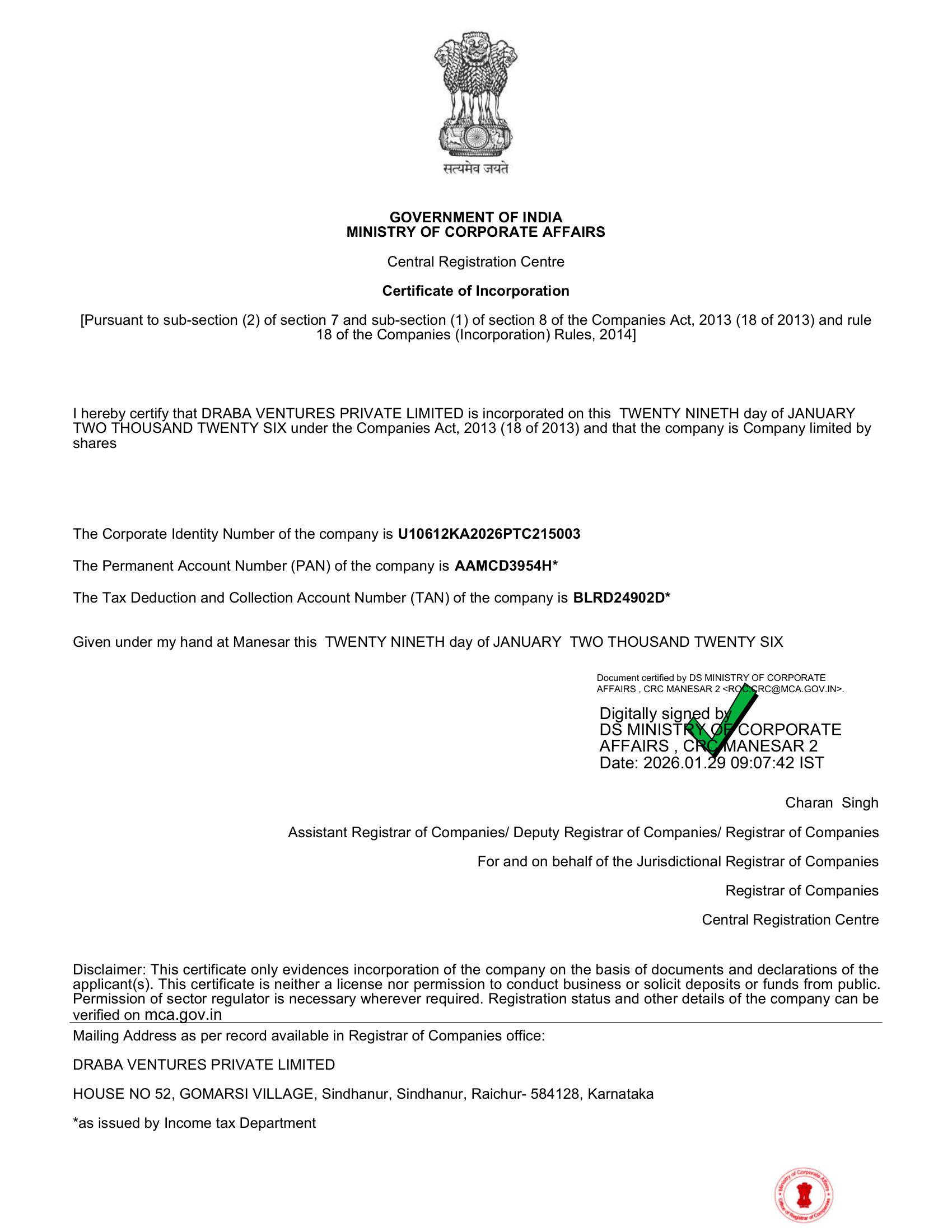 MCA Certificate – Draba Ventures Private Limited