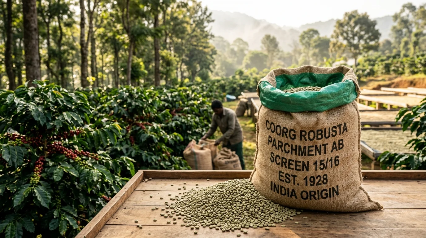 Coorg Robusta Parchment AB Green Coffee Export Lot