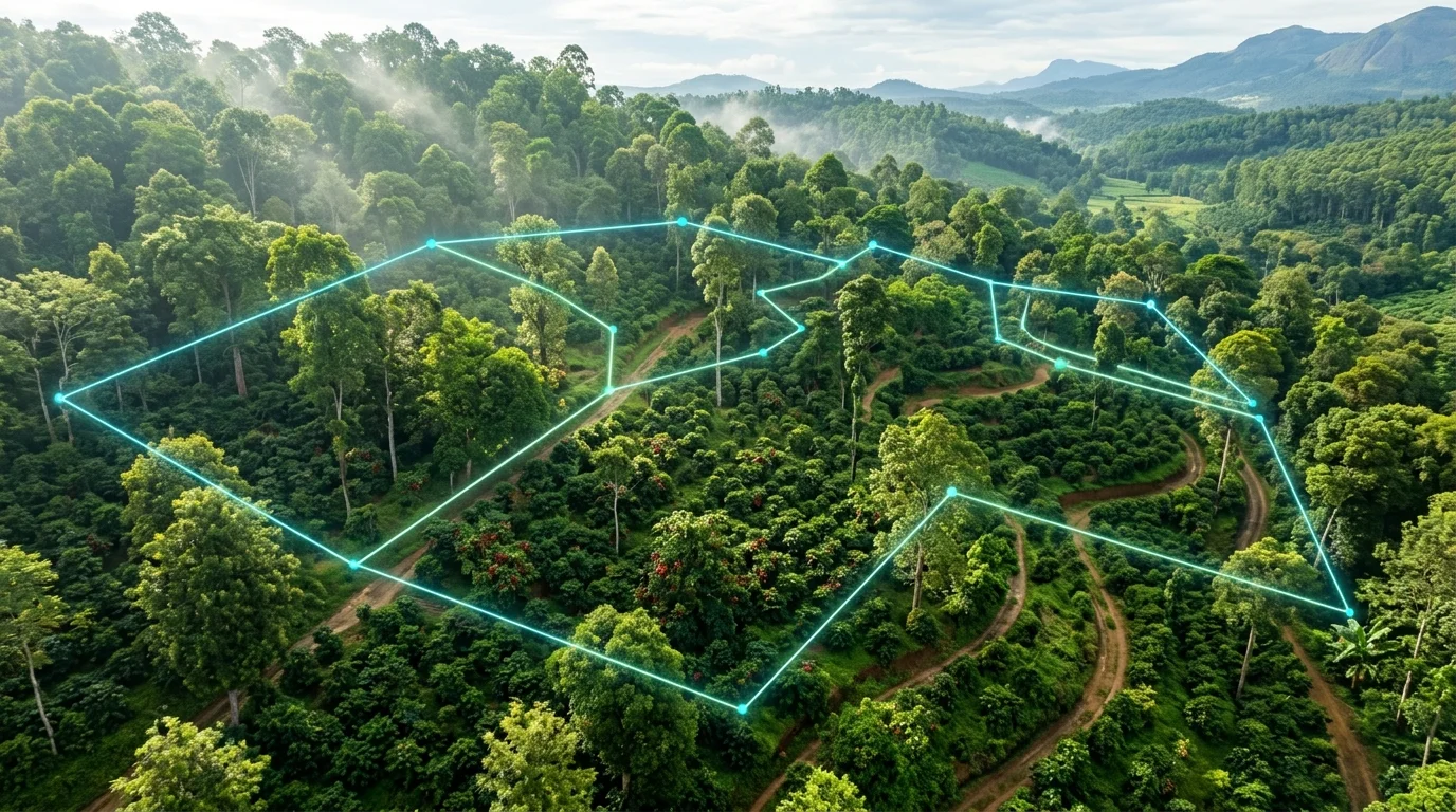 EUDR compliant green coffee India shade-grown plantation in Karnataka with digital GPS polygon grid overlay