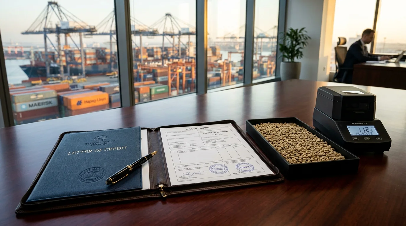 Executive trade finance desk displaying Irrevocable Letter of Credit documents, green coffee grading samples, and maritime shipping paperwork
