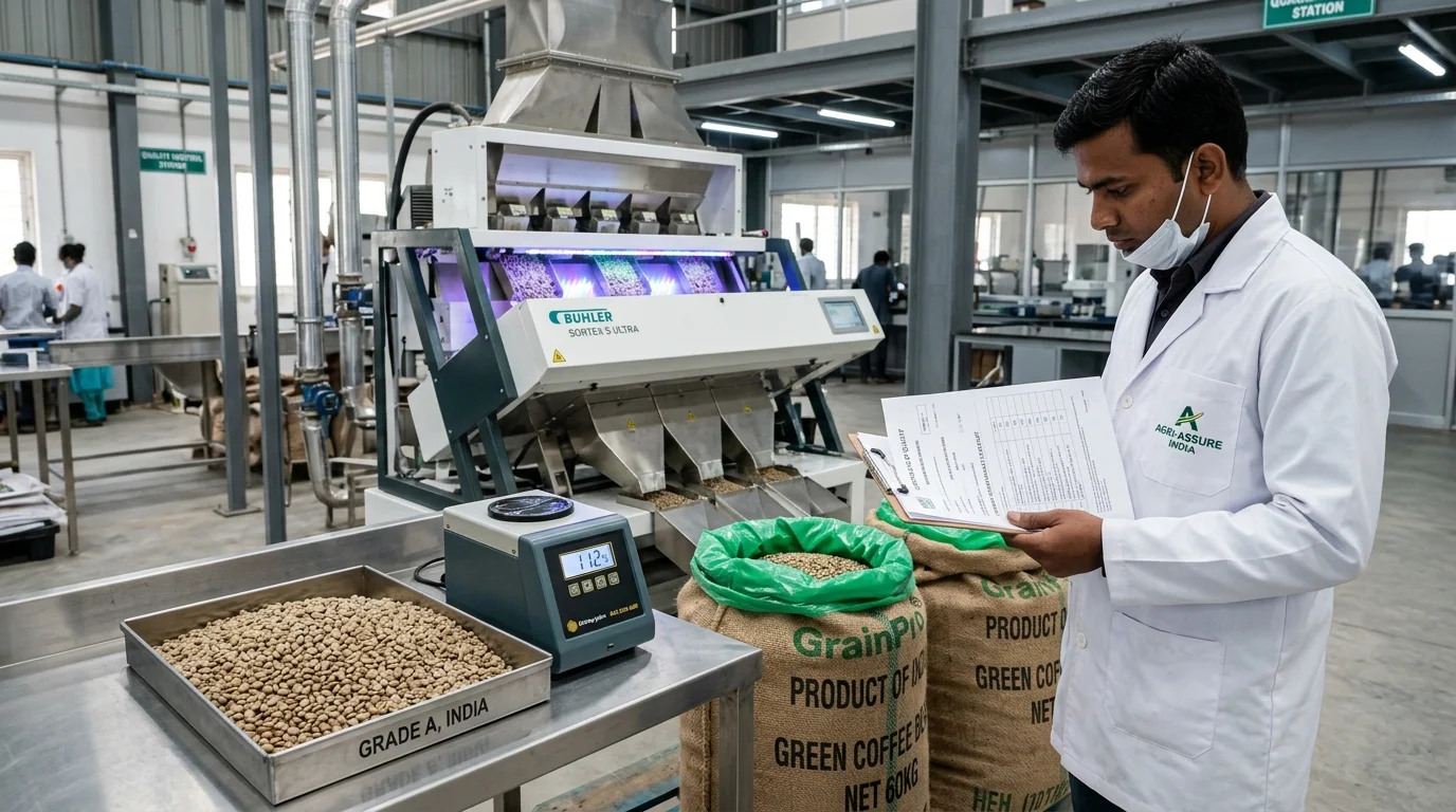 Indian coffee export quality assurance laboratory showing pre-shipment ECGC documentation, Sortex optical sorting chute, calibrated moisture meters, and GrainPro lined jute bags