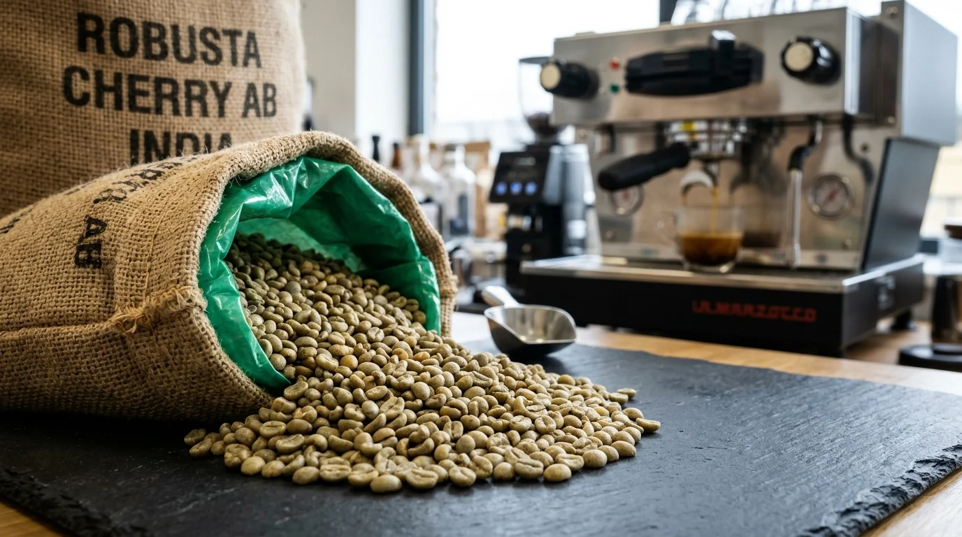 Robusta Cherry AB green coffee wholesale India beans spilling from GrainPro jute bag next to professional espresso machine with dense crema