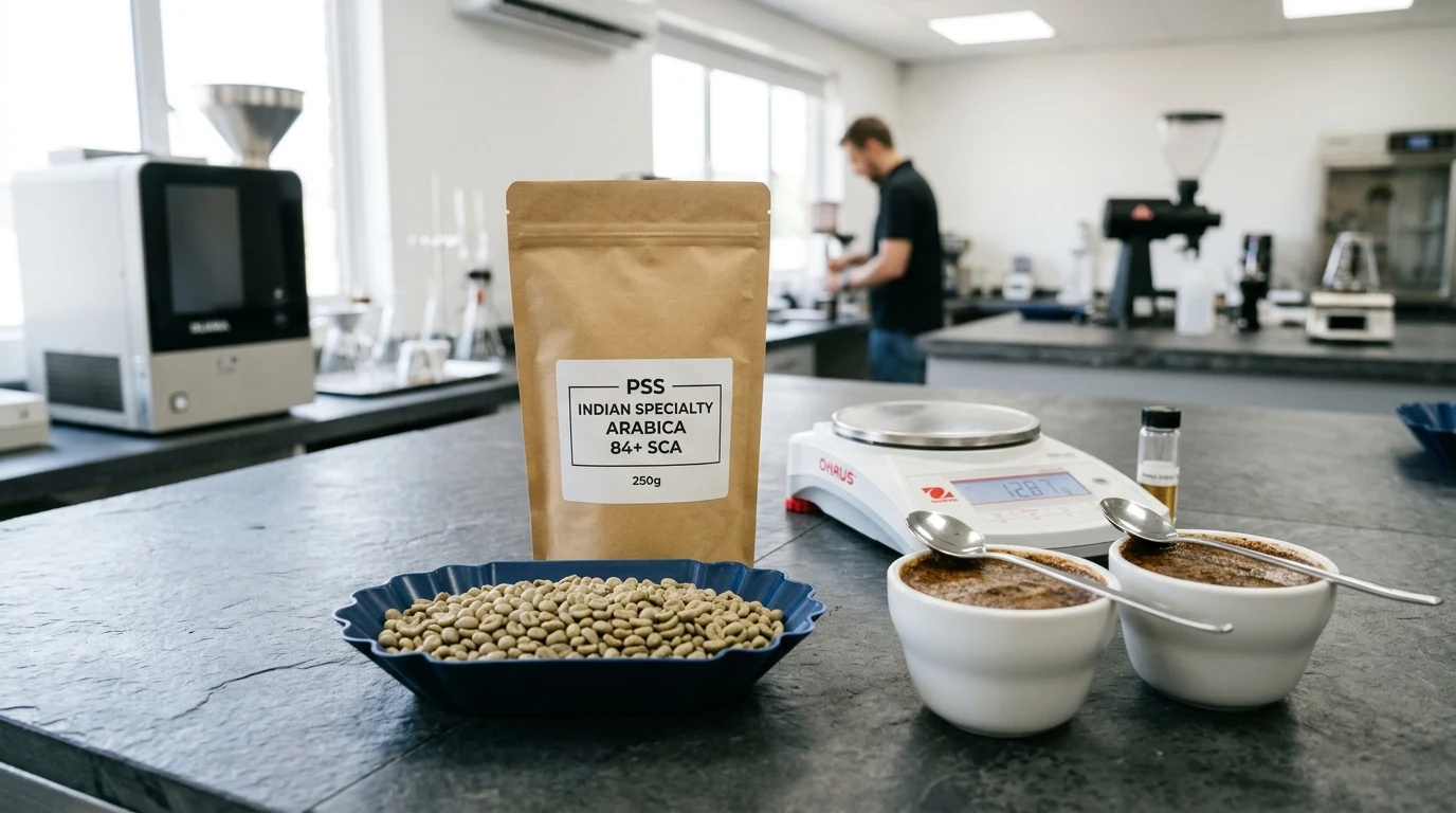 Figure 1 : Sachet hermétique PSS représentatif de 250g d'Arabica de spécialité indien, préparé au laboratoire qualité de Draba Ventures avec bols de cupping SCA et balances analytiques.