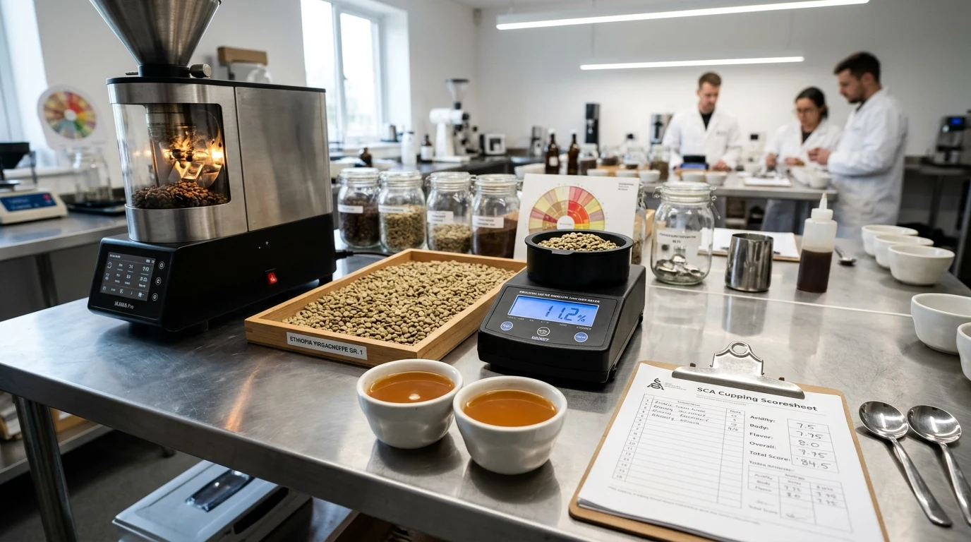 Figure 2 : Poste de calibration laboratoire comprenant torréfacteur d'échantillons, humidimètre numérique certifié à 11,2% et fiche de dégustation officielle SCA à 84,5 points.