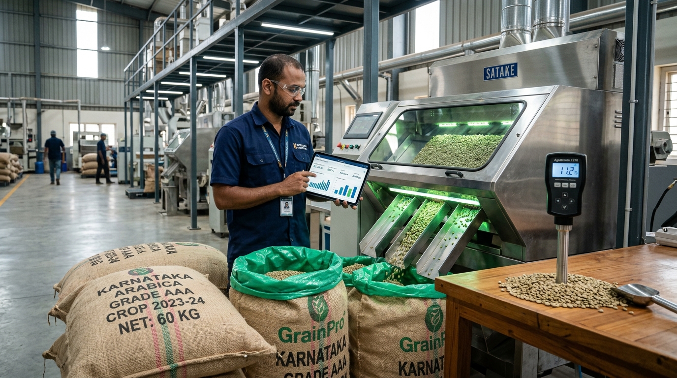 Commercial quality manager in a Karnataka coffee mill reviewing real-time FOB price analytics and optical sorting yields next to an active Sortex machine