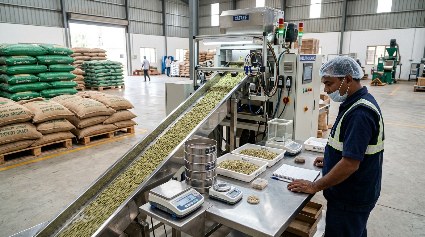 Optische Sortex Farbauslese und Qualitaetspruefung fuer Rohkaffee Terminkontrakte in Indien