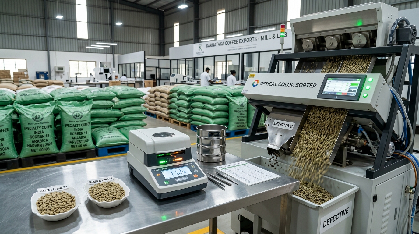 Tri optique Sortex et conditionnement hermétique GrainPro pour café vert indien