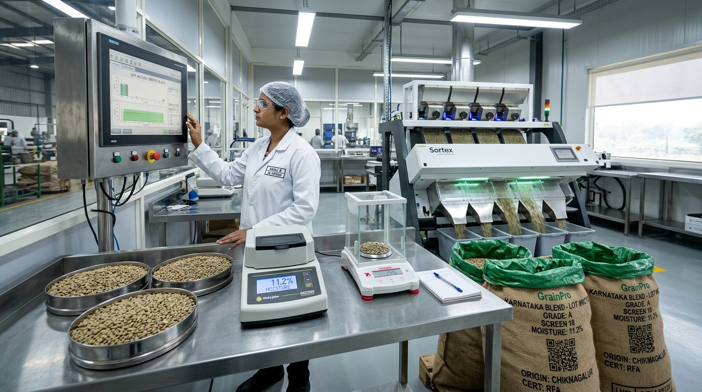 Control de calidad Sortex y trazabilidad física para exportación de café verde de la India