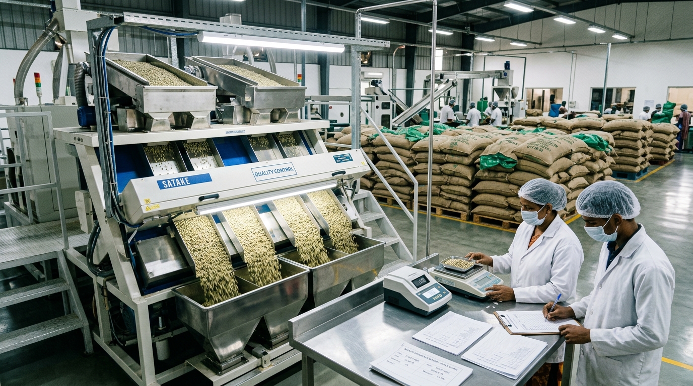 Indische Rohkaffee-Exportmuehle mit optischer Sortex-Linie und Qualitaetspruefung