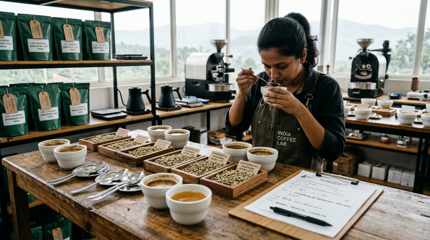 Spezialitaetenkaffee Cupping Labor und sensorische Qualitaetspruefung fuer indische Micro-Lots