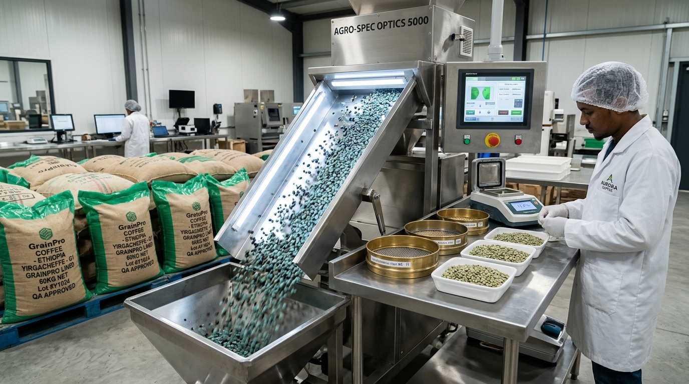 High-tech VIS/NIR Hyperspectral optical Sortex chute sorting green coffee beans with 94.63% accuracy inside an Indian export curing mill