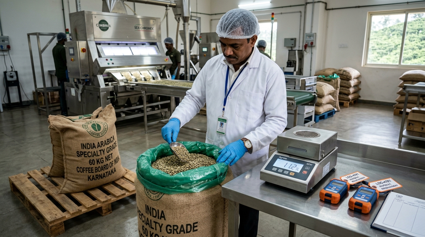 Pflanzenschutzprüfung, kalibrierte Feuchtemessung bei 11,2% und GrainPro-Inlinerverpackung in einer Kaffeemühle in Karnataka für russische Seetransporte
