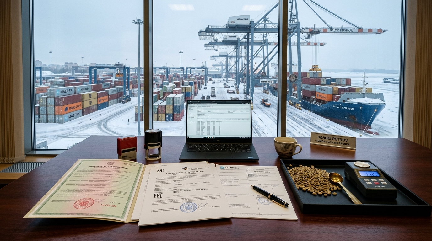 Roselkhoznadzor Rohkaffee Import Indien Dokumentation und EAWU-Zolldossiers mit indischen Rohkaffeebohnen vor winterlichem Ostseehafen